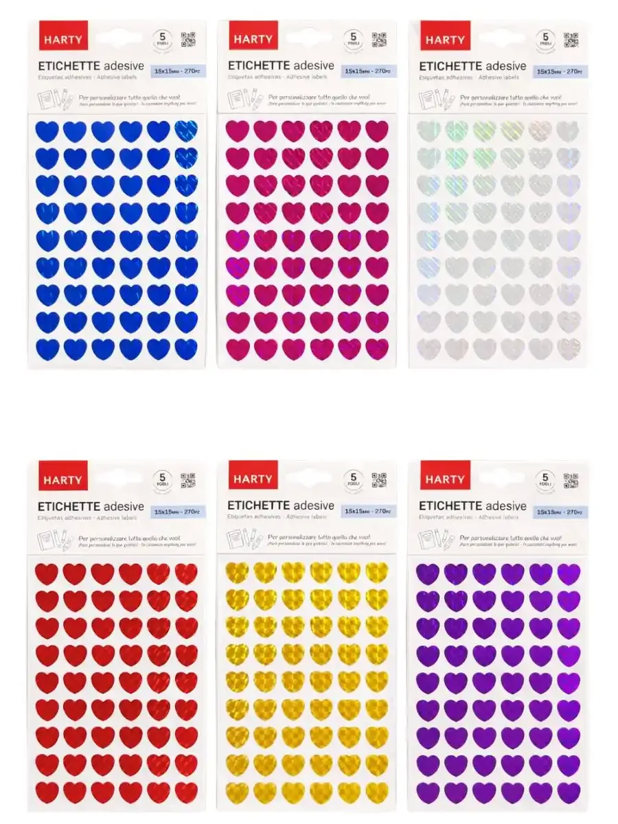 Stickers Corazón Metálico Harty (6 paq) - 270 pzs por Paq Set de 6 paquetes de stickers de corazón metálicos en colores surtidos.