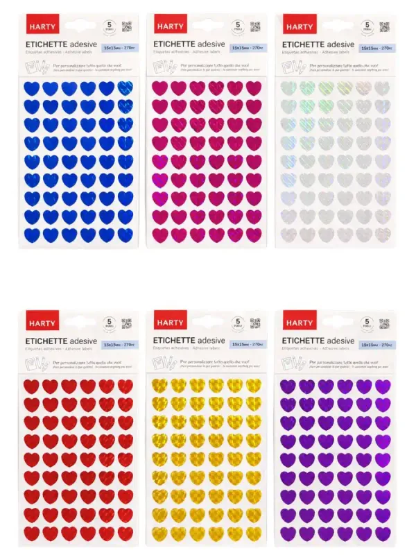 Set de 6 paquetes de stickers de corazón metálicos en colores surtidos.