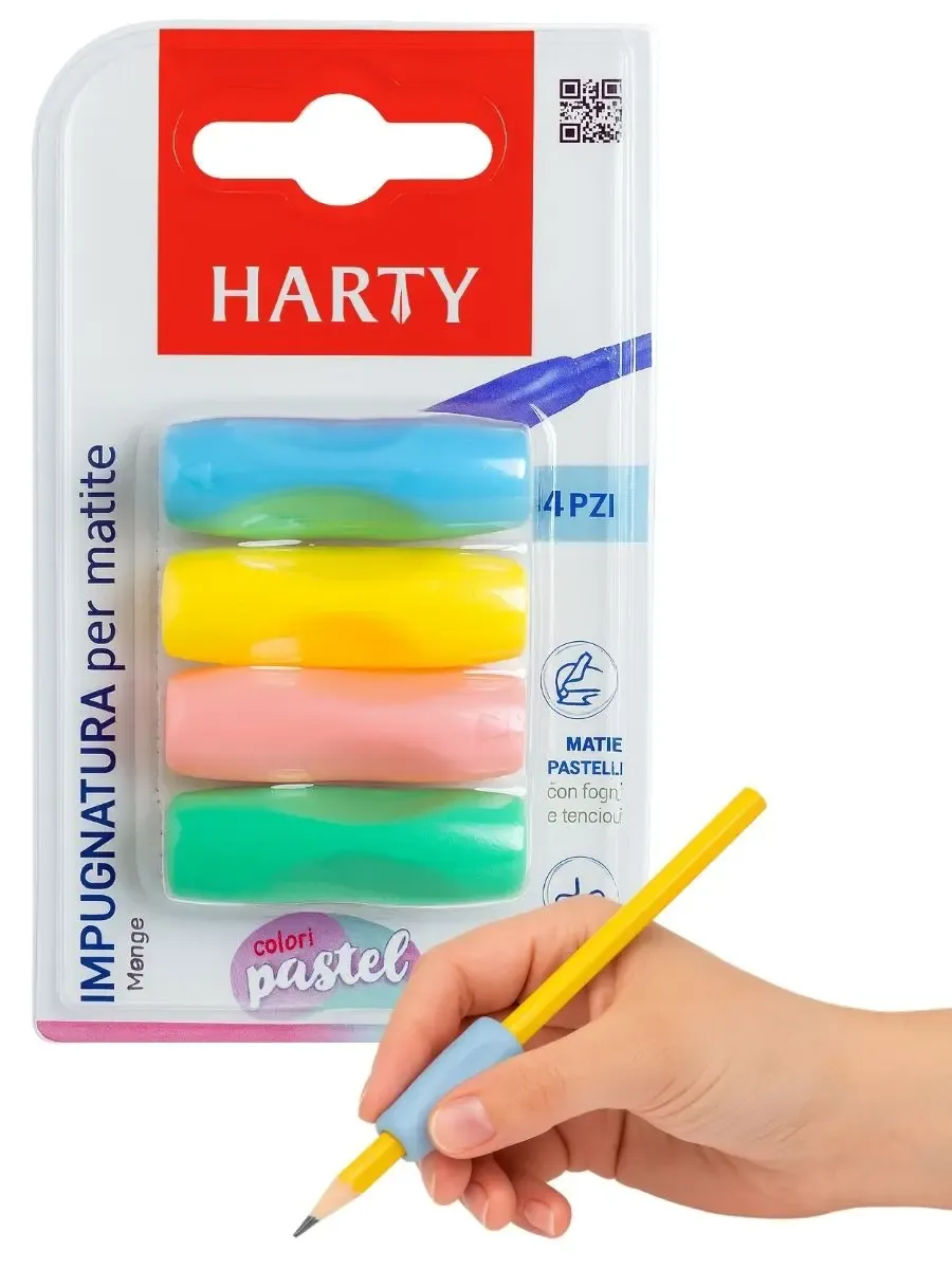Blíster de 4 adaptadores ergonómicos para lápiz marca Harty colores pastel.