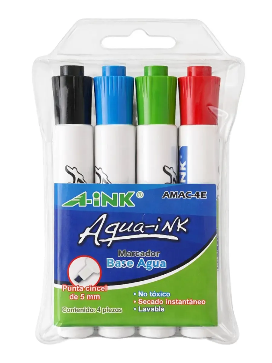 Caja de 4 marcadores base agua MAE Aink colores primarios.