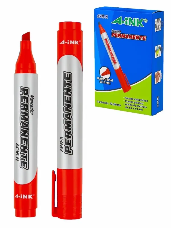 Marcador Permanente APM Punta Cincel con 12 pzas (Rojo) Marcador Permanente APM Punta Cincel con 12 pzas (Rojo)