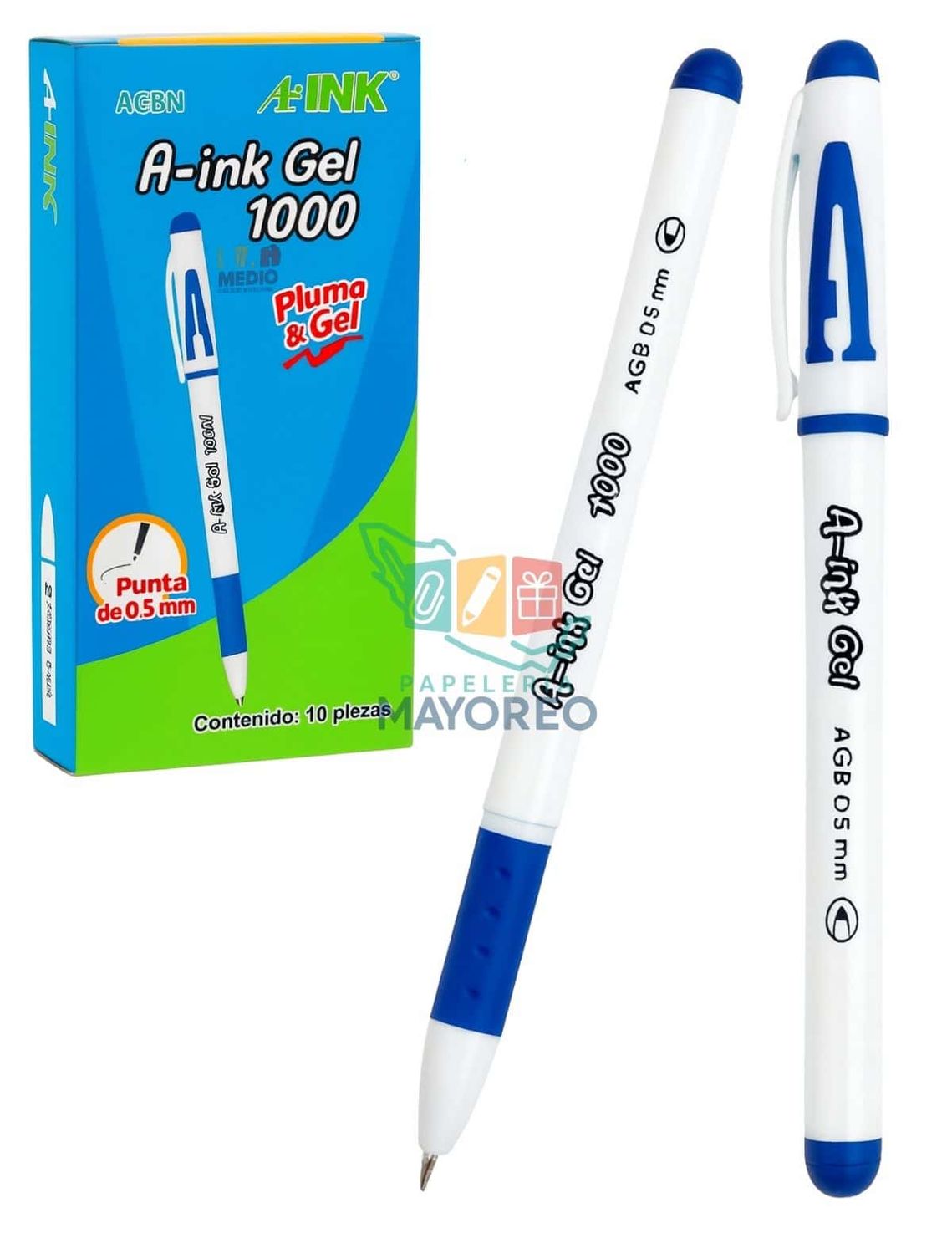 Pluma Gel A-INK 1000 Fina 0.5 mm Azul (Caja 12 pzas)