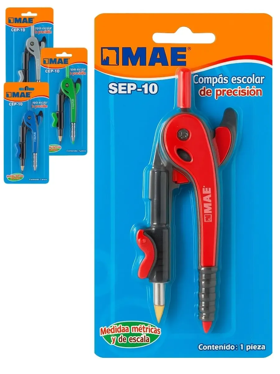 Compás metálico MAE CEP-10 en su estuche protector.