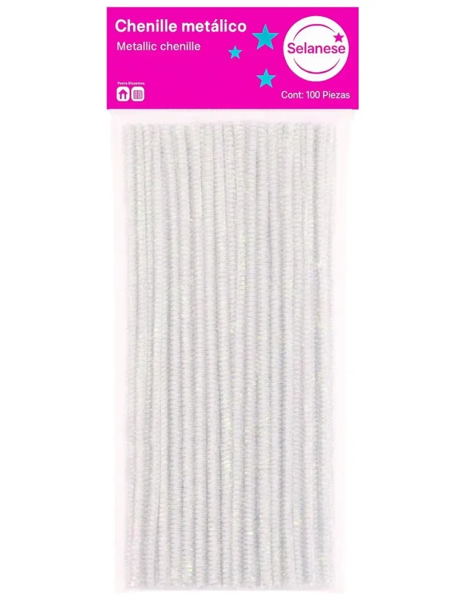 Paquete de 100 limpiapipas blanco iris metálico marca Selanusa.