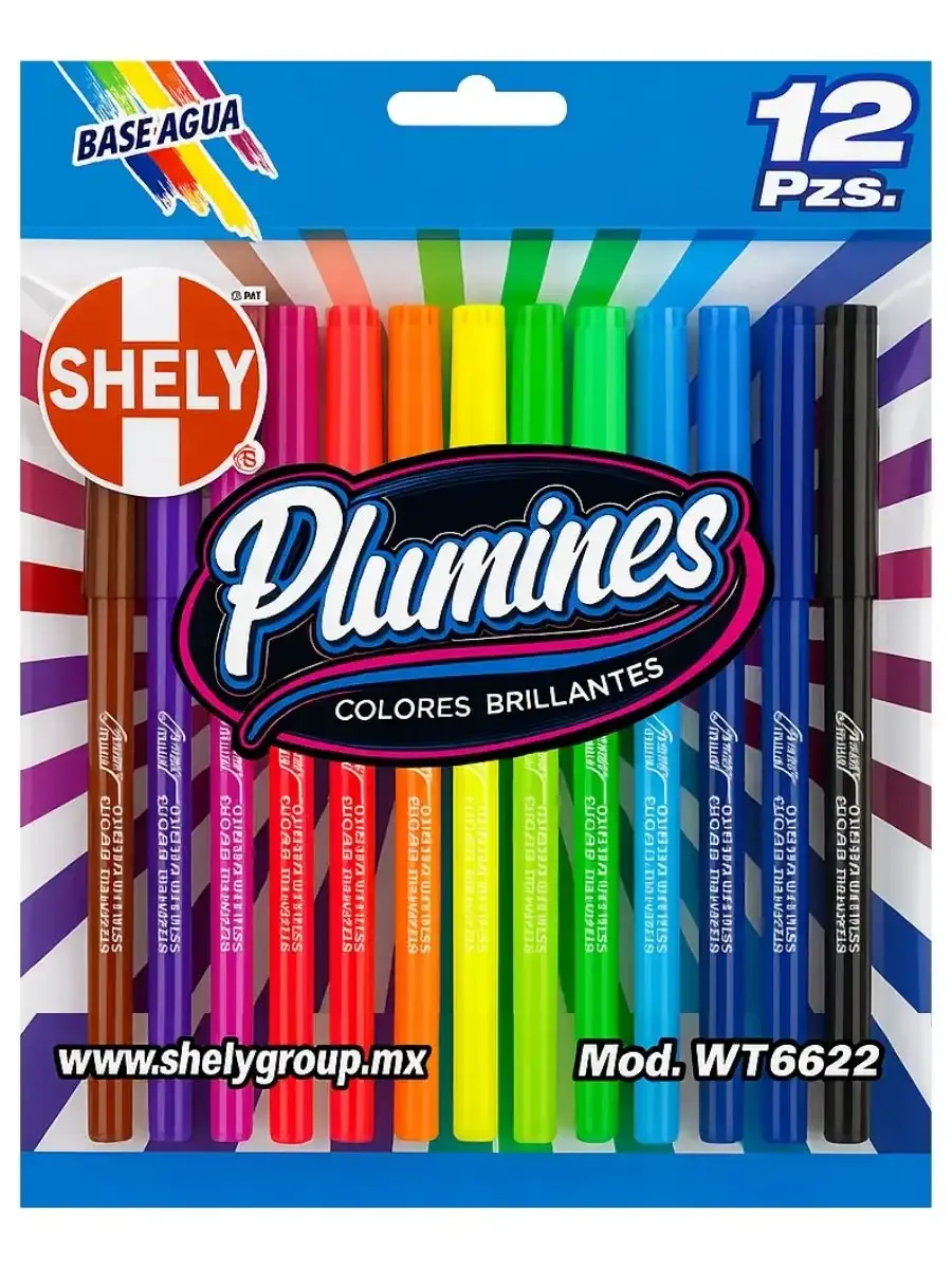 Plumines de Colores SHELY WT6822 12 Piezas Caja de 12 plumones escolares Shely modelo WT6822 al mayoreo.