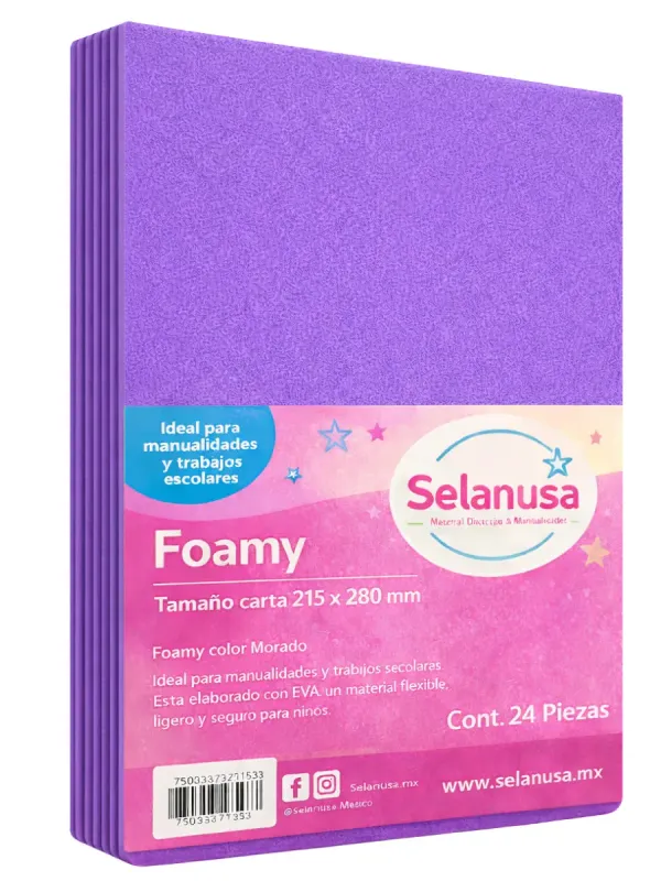Foamy Tamaño Carta Morado - 24 pzas Paquete de 24 hojas de foamy tamaño carta color morado.