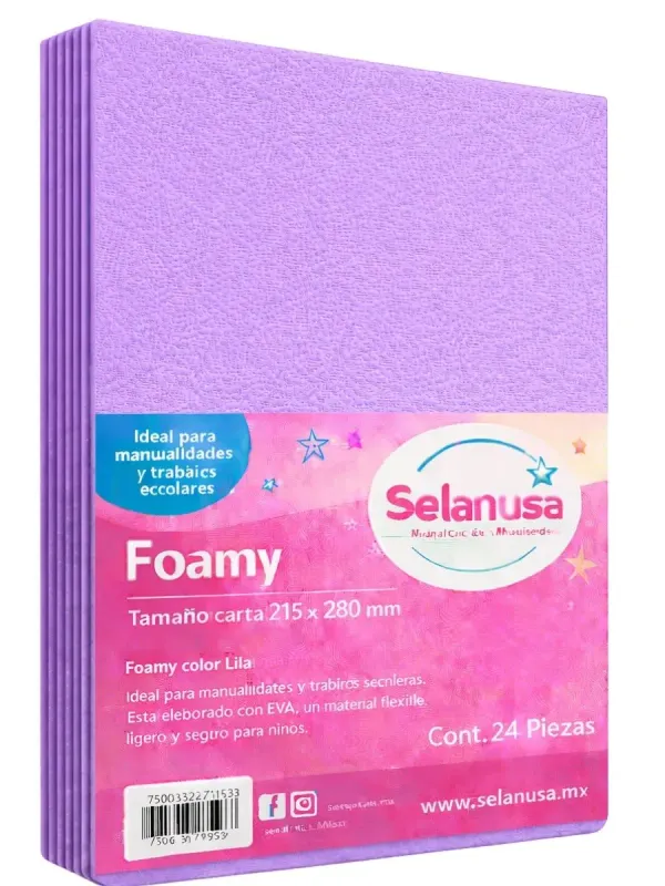 Foamy Tamaño Carta Lila - 24 pzas Paquete de 24 hojas de foamy tamaño carta color lila.