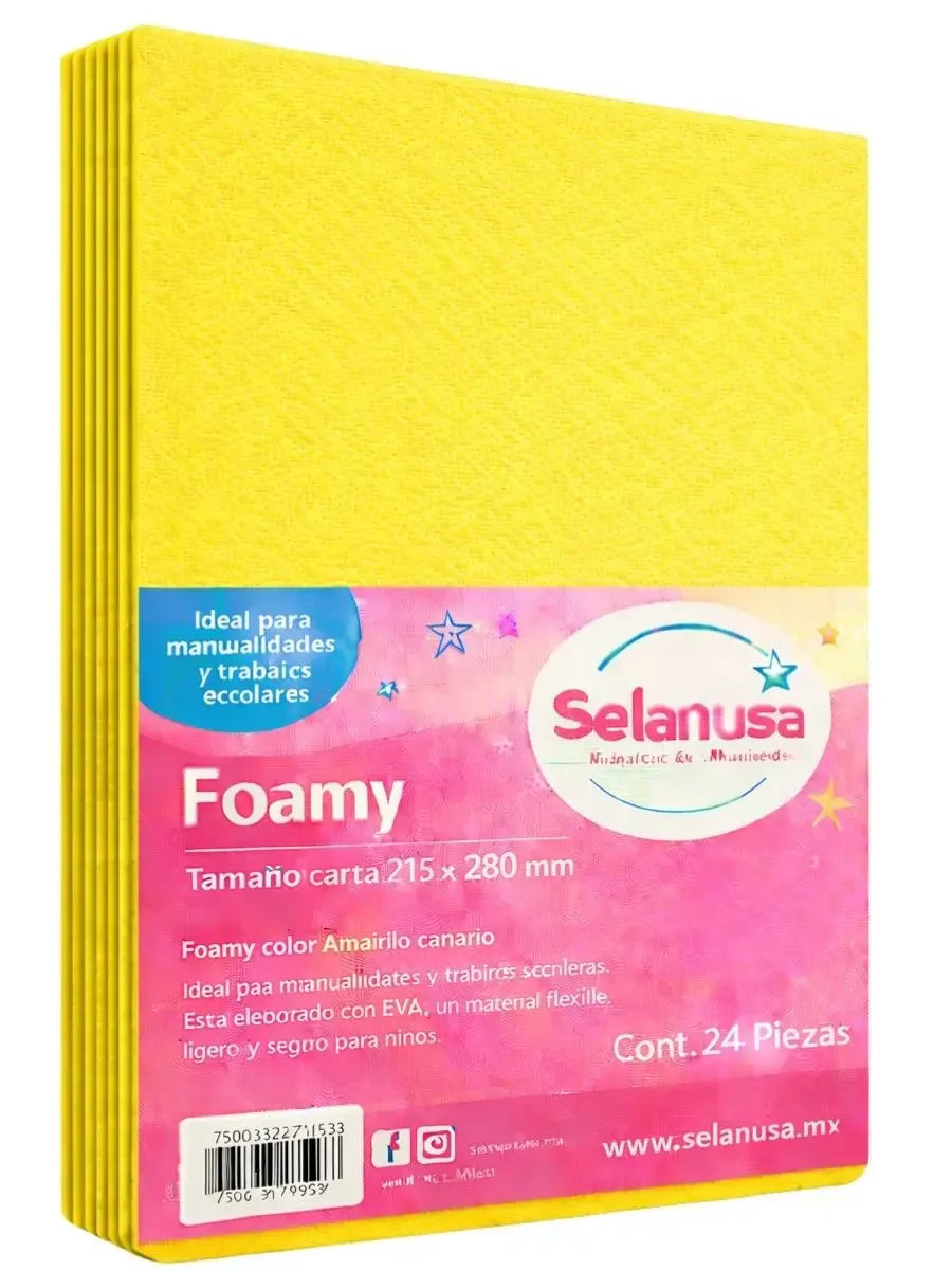 Paquete de 24 hojas de foamy tamaño carta color amarillo canario.