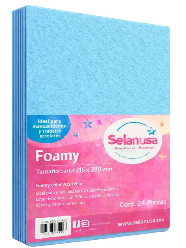 Foamy Tamaño Carta Azul Cielo - 24 pzas Paquete de 24 hojas de foamy tamaño carta color azul cielo.