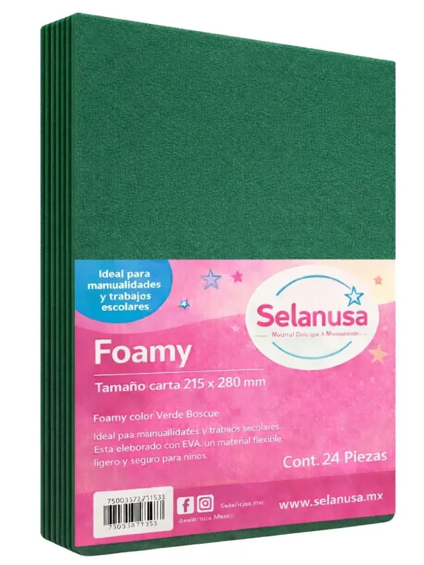 Foamy Tamaño Carta Verde Bosque - 24 pzas Paquete de 24 hojas de foamy tamaño carta color verde bosque.