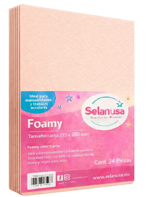 Foamy Tamaño Carta Color Carne - 24 pzas Paquete de 24 hojas de foamy tamaño carta color carne.