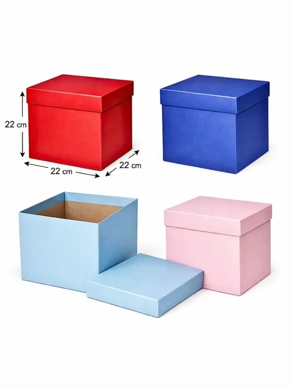 Paquete de cajas cubo serie Melodía en colores azul, rojo, rosa y celeste al mayoreo.