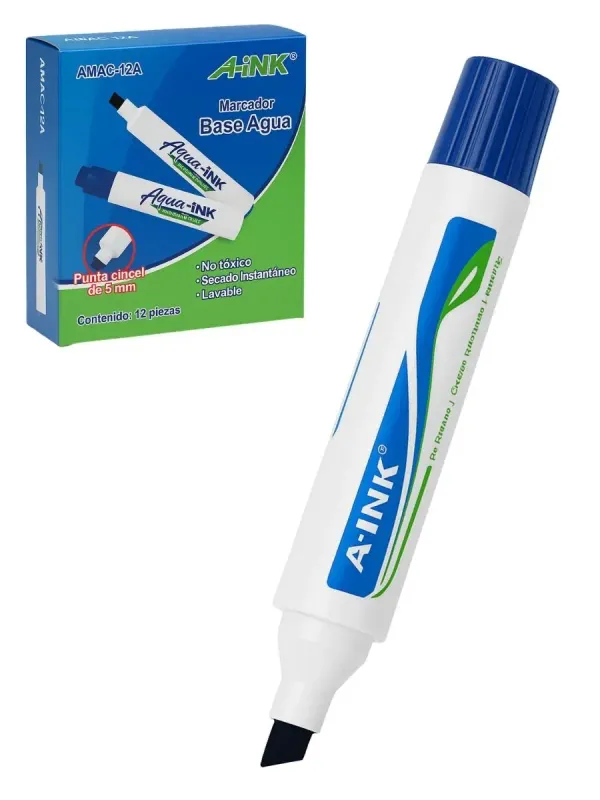 Marcadores Base Agua A-INK – Cincel 5 mm Azul Marcador base agua MAE azul lavable para primaria y preescolar.