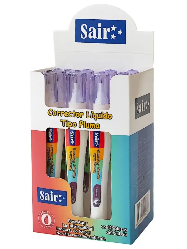 Corrector tipo Pluma Saira – 7 ml – Caja con 12 pzas Caja de 12 correctores tipo pluma Saira de 7ml cada uno.