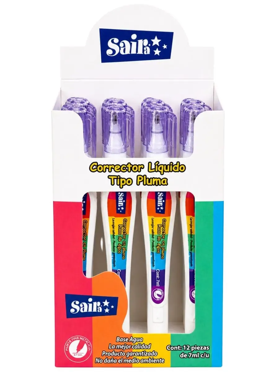 Caja de 12 correctores Saira 7ml para distribución mayorista en México.