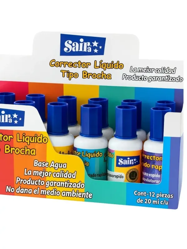 Corrector Líquido con Brocha Saira – 20 ml con 12 pzas Caja de 12 correctores líquidos Saira con aplicador de brocha.