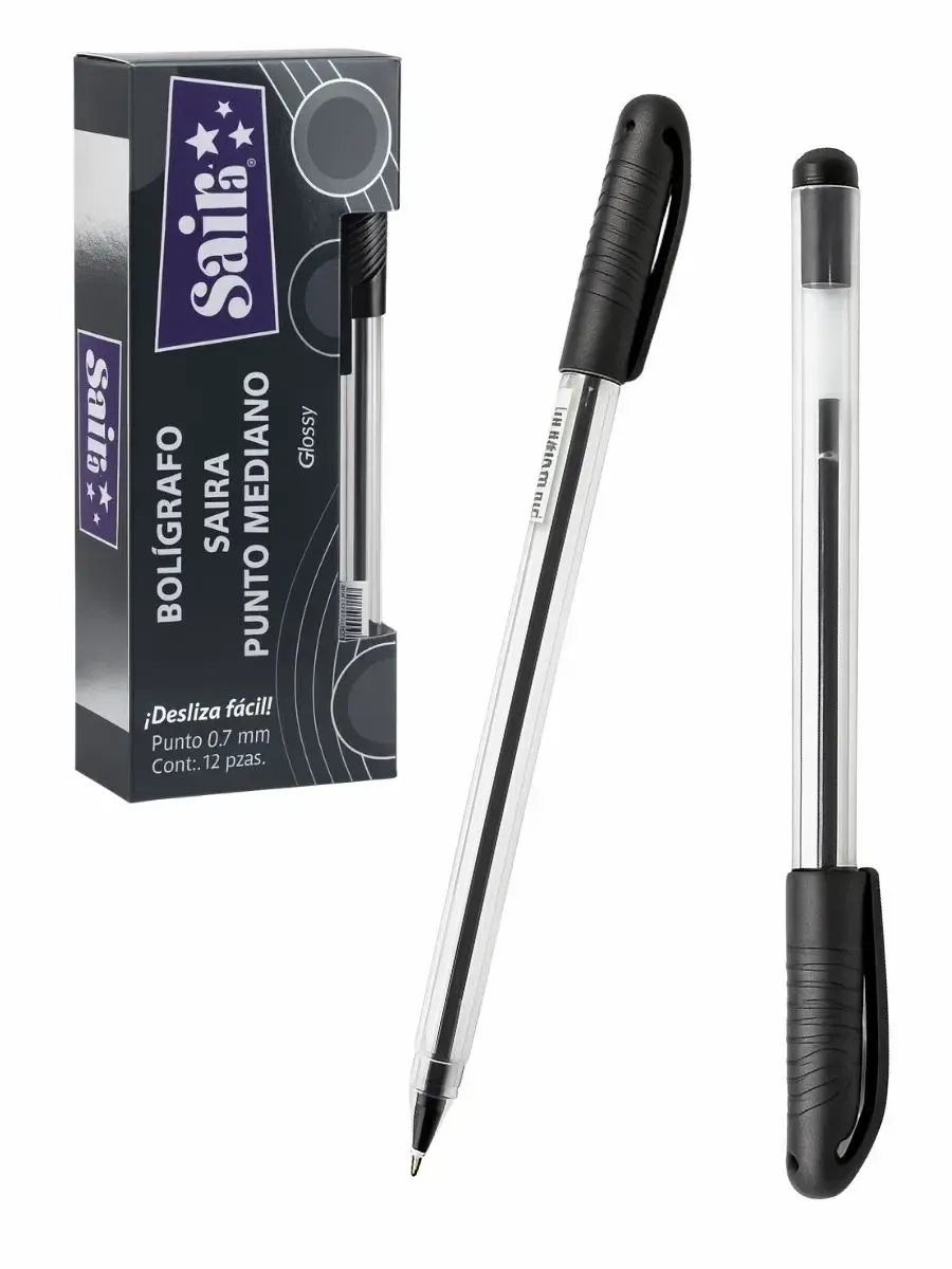 Caja de 12 bolígrafos Saira color negro punto fino 0.7 mm.
