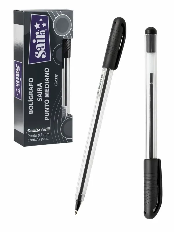 Caja de 12 bolígrafos Saira color negro punto fino 0.7 mm.