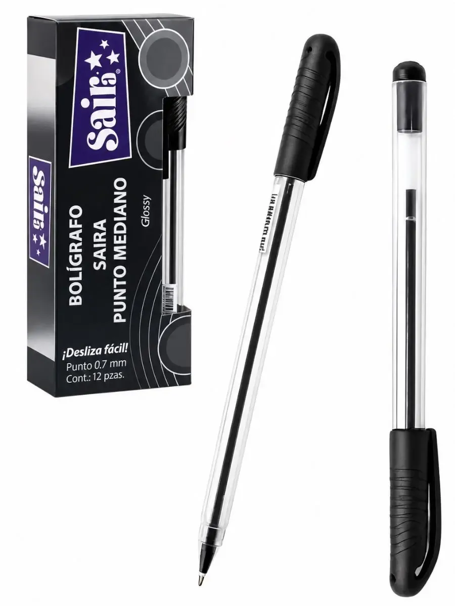 Caja con 12 bolígrafos Saira negros de punto mediano 0.7mm.