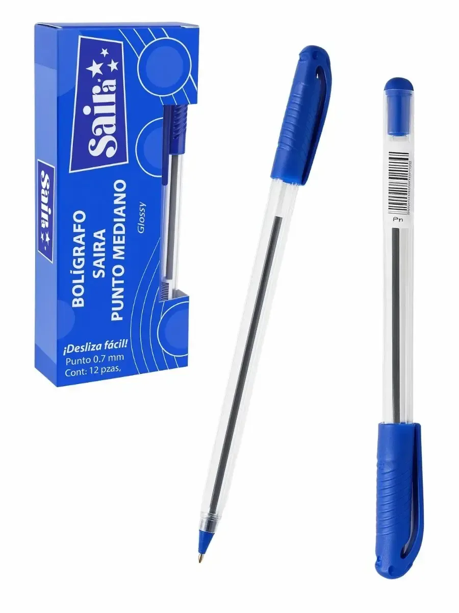 Caja con 12 bolígrafos Saira azules de punto mediano 0.7mm.