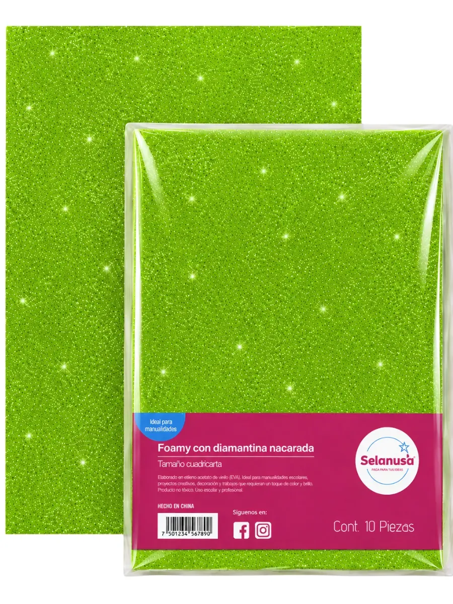 Paquete con 5 piezas de foamy con diamantina verde limón 43x56 cm