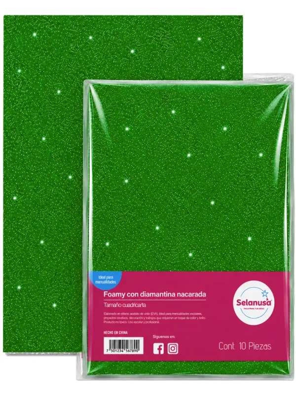 Paquete con 5 piezas de foamy con diamantina verde bandera 43x56 cm