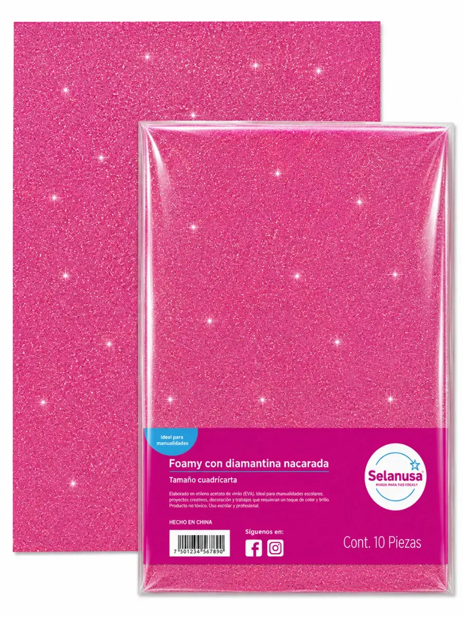 Paquete con 5 piezas de foamy con diamantina rosa mexicano 43x56 cm