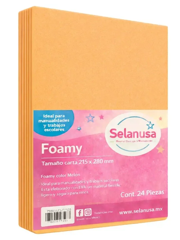 Foamy Tamaño Carta Melón - 24 pzas Paquete de 24 hojas de foamy tamaño carta color melón.