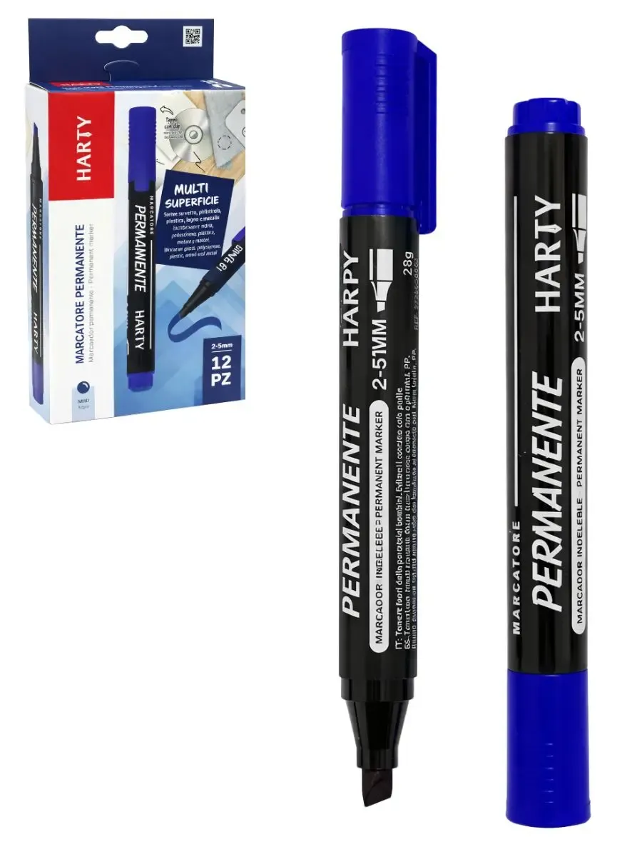 Caja de 12 marcadores permanentes azules marca Harty en Distribuidora Mérida.