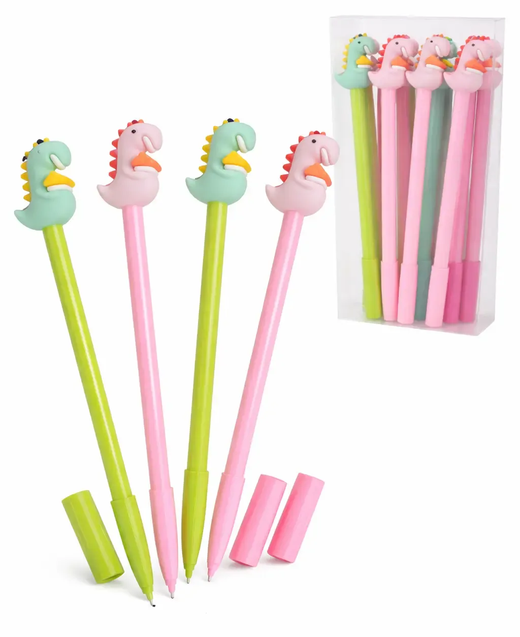 Paquete de 12 plumas de gel dinosaurio punto fino al mayoreo en México.