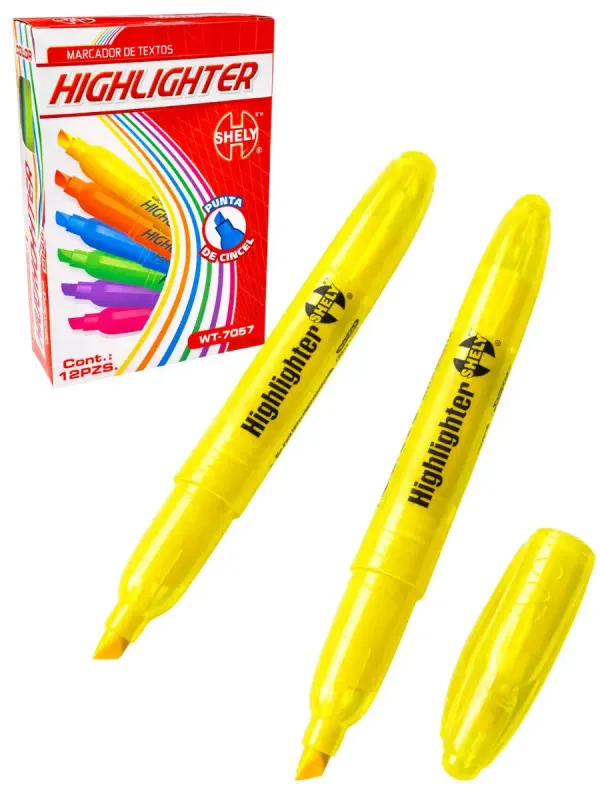 Paquete de 12 resaltadores amarillos marca Shely punta cincel al mayoreo.