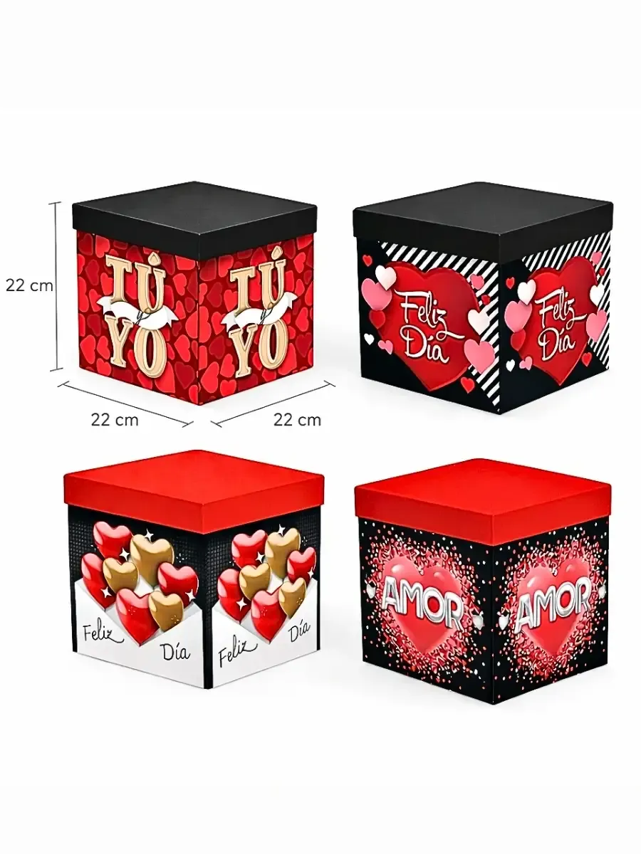 Paquete de cajas cubo decoradas con diseños de amor y San Valentín al mayoreo.