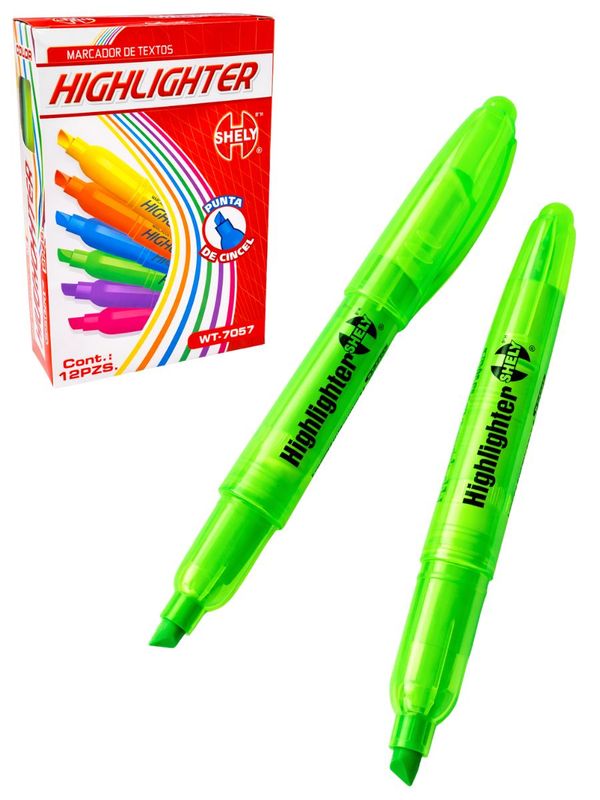 Paquete de 12 resaltadores verdes marca Shely punta cincel al mayoreo.