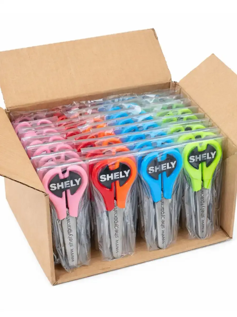 Caja de 24 tijeras escolares Shely de 5 pulgadas al mayoreo.