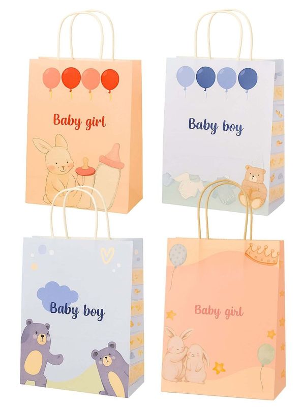 Paquete de 12 bolsas kraft con asa diseños de bebé al mayoreo.