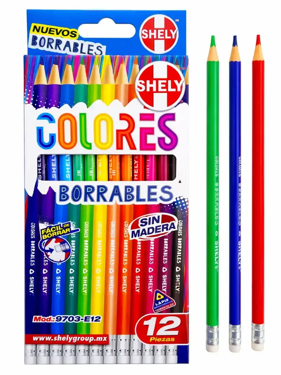 Lápices de Colores Shely (Caja con 12 pzas) Colores borrables para primaria en stock en Distribuidora Mérida.