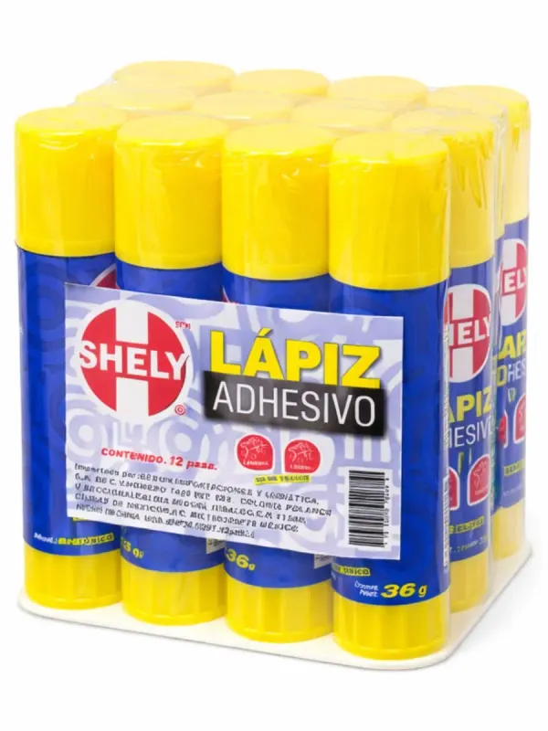 Caja de 12 lápices adhesivos Shely de 36 gramos al mayoreo.