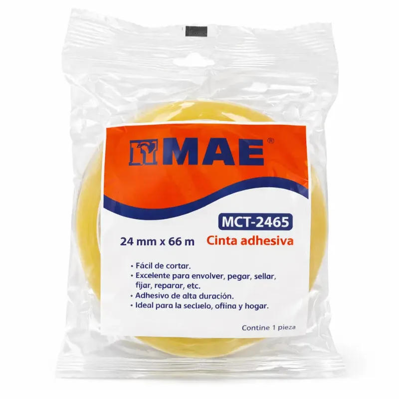 Cinta Adhesiva Transparente MAE (24 mm x 66 m) Rollo de cinta adhesiva transparente MAE 24mm x 66m al mayoreo.