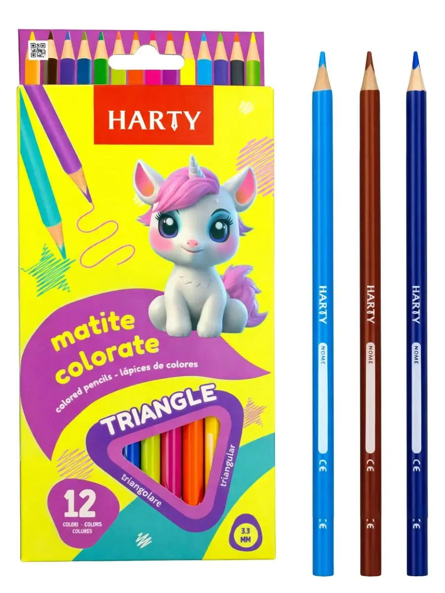 Colores Harty Triangulares 3.3mm (Caja con 12 pzas) Caja de 12 colores triangulares Harty con puntilla de 3.3mm al mayoreo.