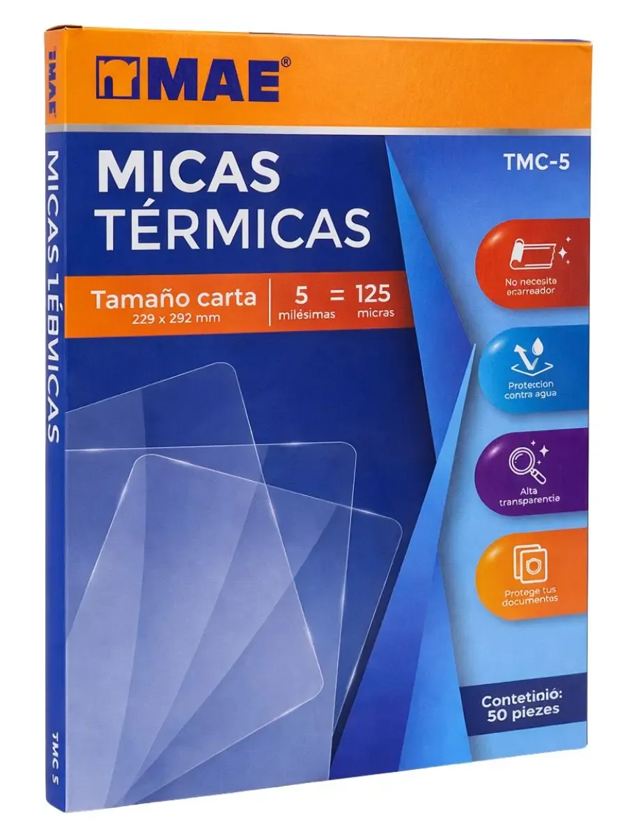 Paquete de 50 micas térmicas MAE tamaño carta 125 micras.