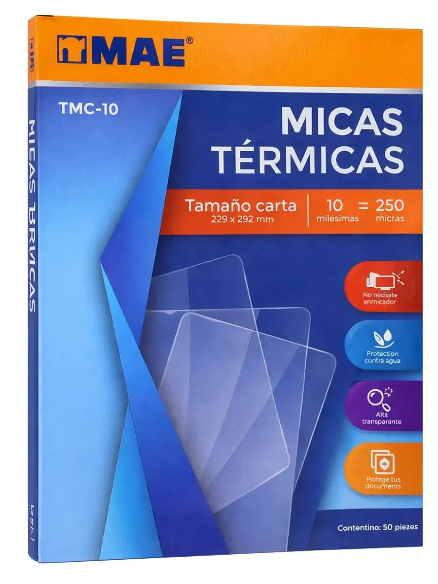 Paquete de 50 micas térmicas de 10 milésimas tamaño carta.