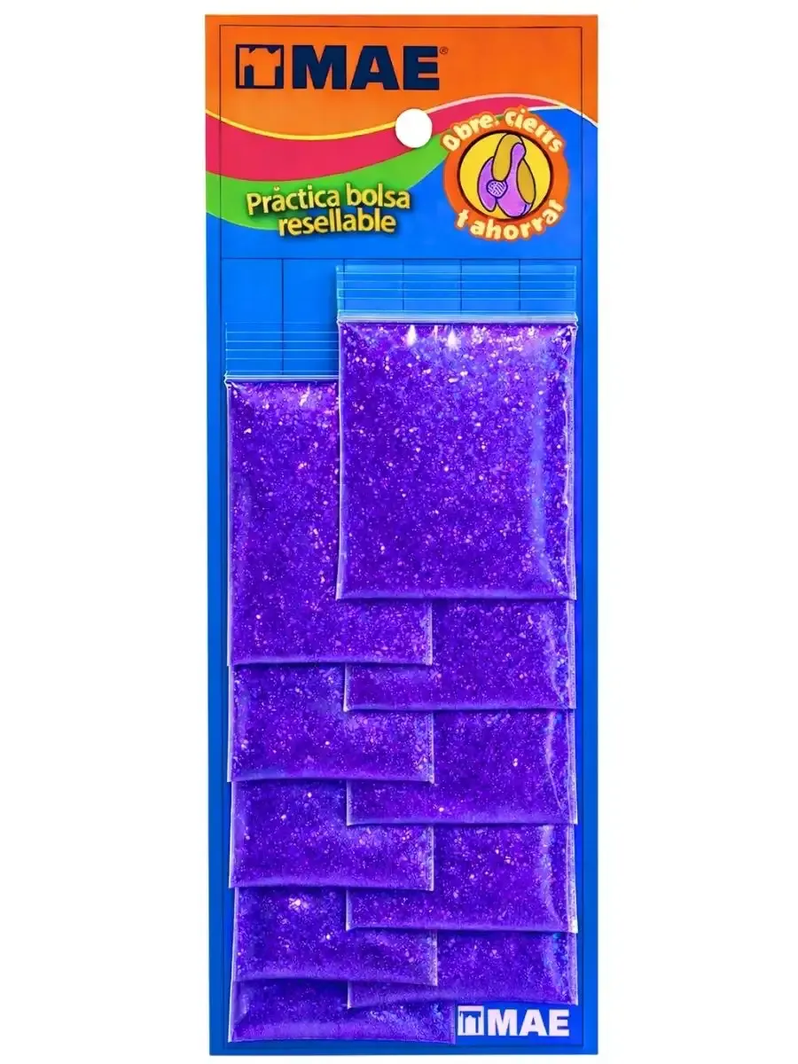 Diamantina Mae Morado - 10 Bolsas Resellables Tira de 10 bolsas de diamantina Mae color morado.