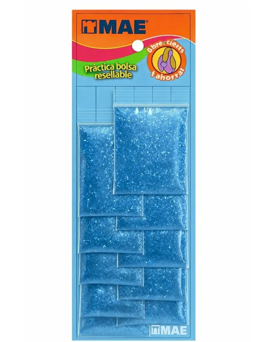 Diamantina Mae Turquesa - 10 Bolsas Resellables Tira de 10 bolsas de diamantina Mae color turquesa.