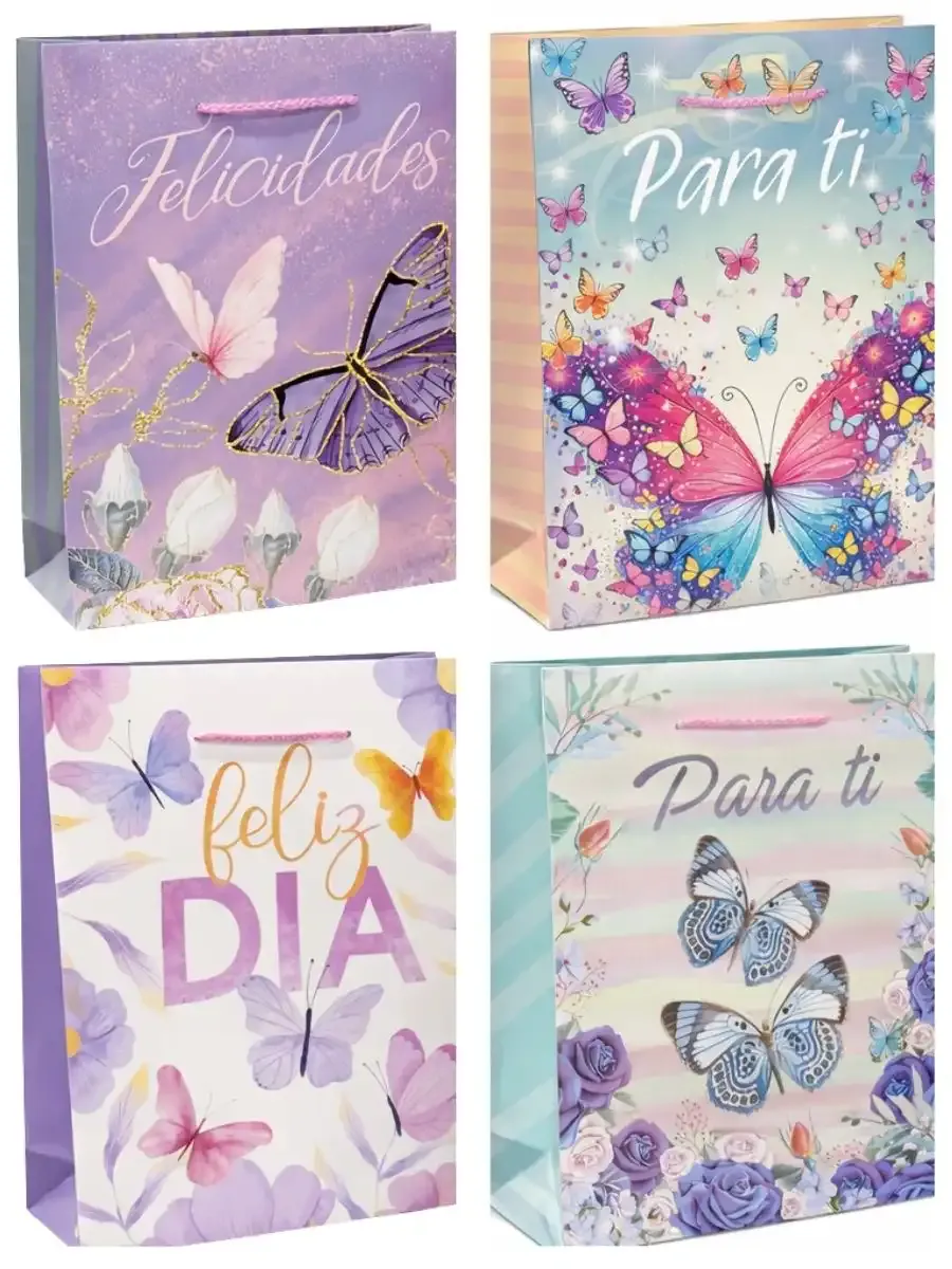 Bolsas de Regalo GR "Mariposas" (8 pzs) - 36x25 cm Paquete de 8 bolsas grandes con diseño colorido de Mariposas.