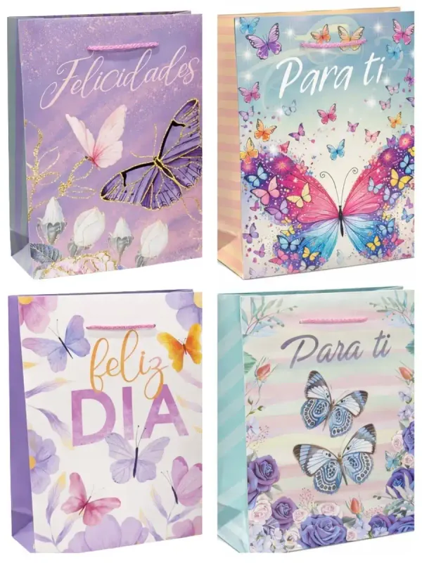 Bolsas de Regalo GR "Mariposas" (8 pzs) - 36x25 cm Paquete de 8 bolsas grandes con diseño colorido de Mariposas.
