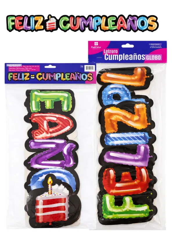 Letrero articulado de 135 cm con diseño de letras tipo globo de colores.