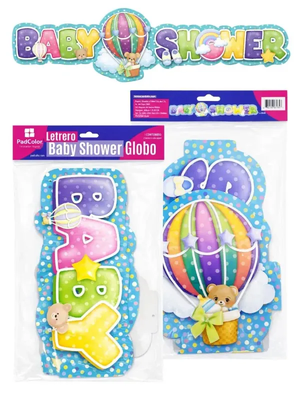 Letrero articulado de 130 cm para Baby Shower con diseño de globos y osito.
