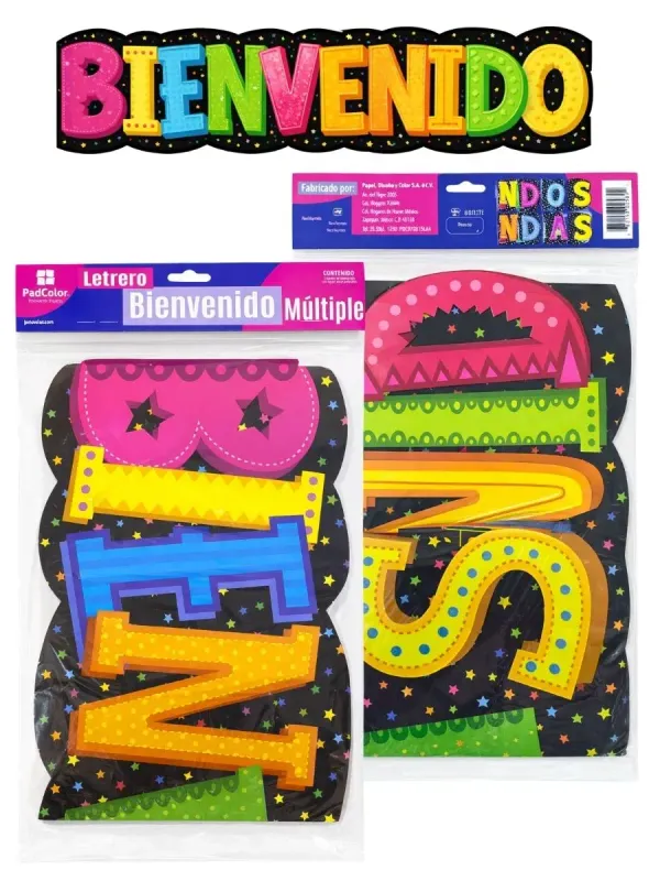 Letrero articulado de 95 cm con la palabra "Bienvenido" en letras coloridas con estrellas.