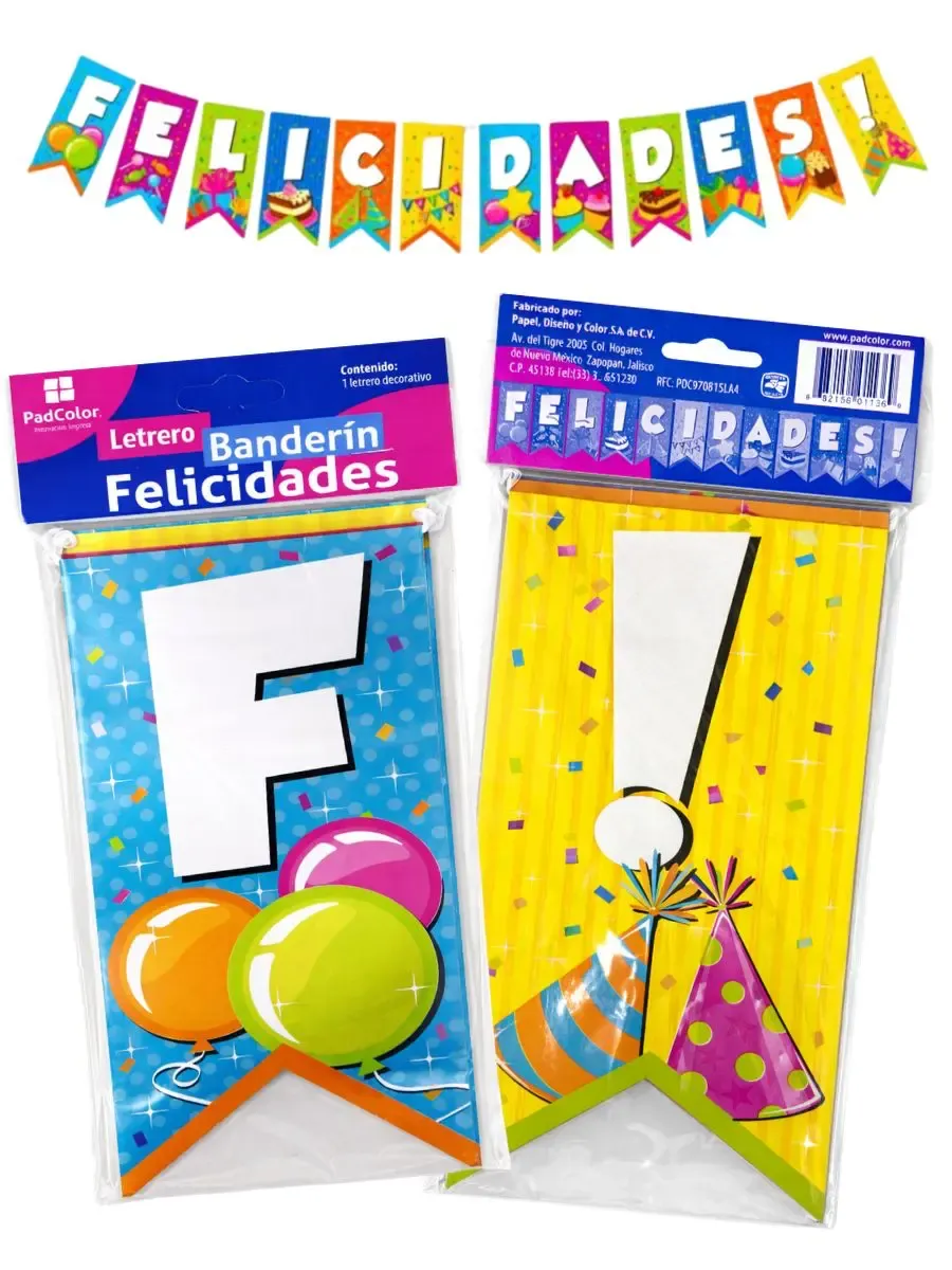 Letrero Banderín Felicidades (152x23.8 cm) - 1 pza Banderín decorativo gigante de 152 cm con letras coloridas que forman la palabra Felicidades.
