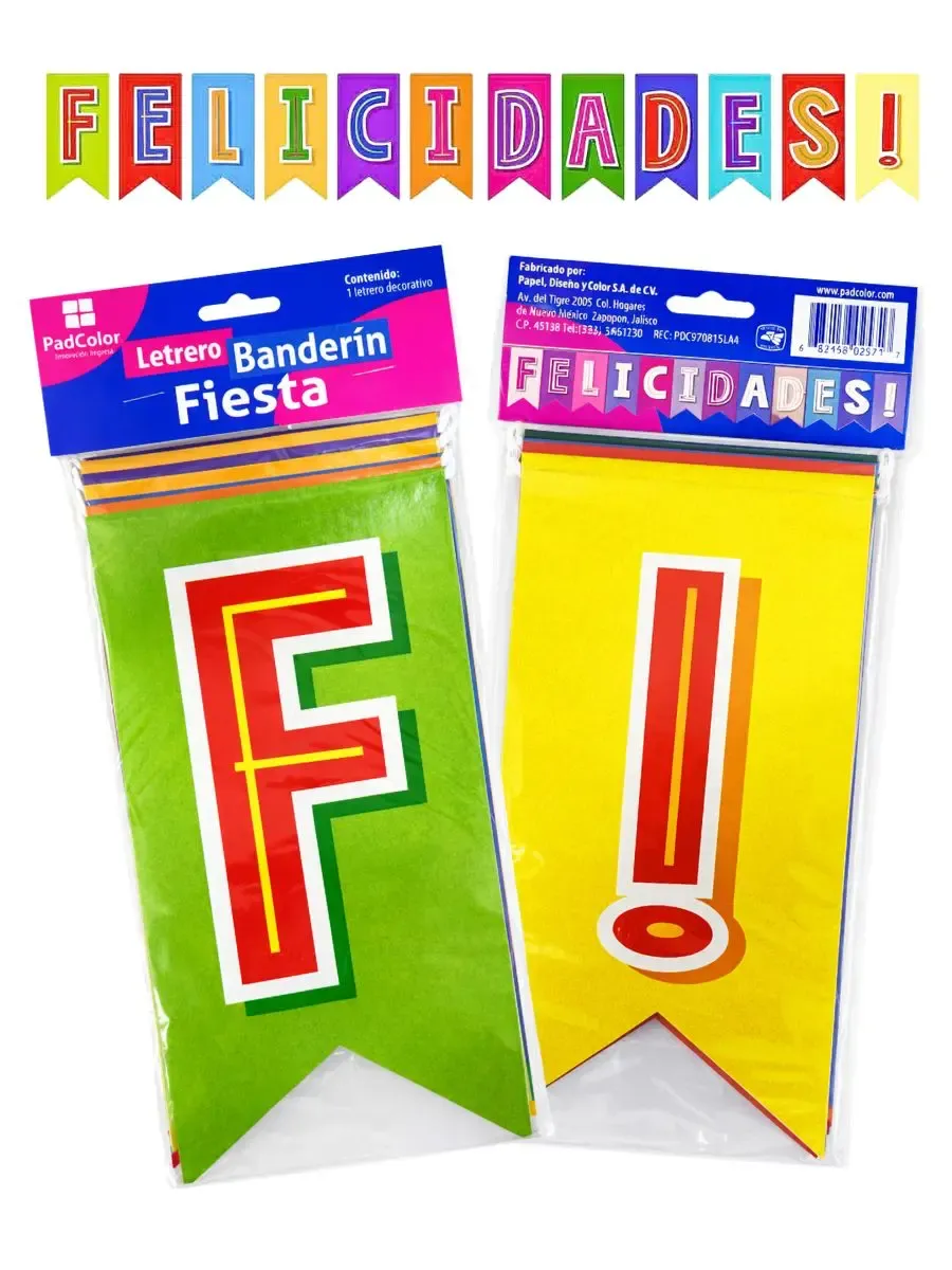 Banderín decorativo gigante de 152 cm con la frase Felicidades en colores vibrantes.